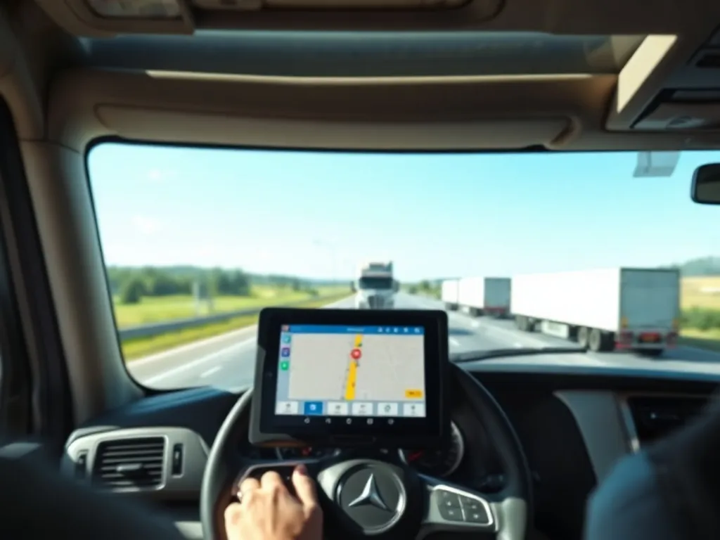 Kierowca ciężarówki korzysta z aplikacji na tablecie do planowania trasy i zarządzania transportem podczas jazdy autostradą.