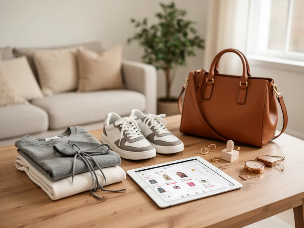 Minimalist flat lay z ubraniami, butami i torebką obok tabletu z aplikacją zakupową, w tle przytulny salon.
