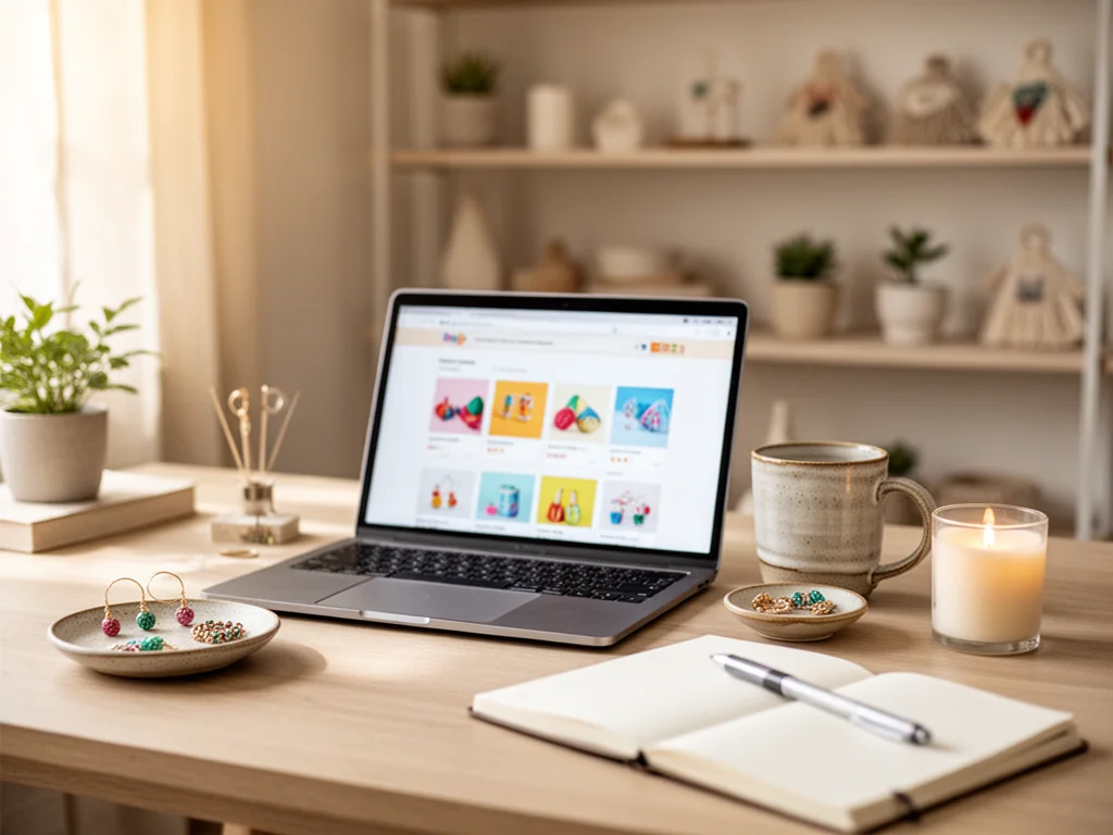Przytulne domowe biuro z laptopem otwartym na kolorowym marketplace Etsy, w otoczeniu rękodzieła i minimalistycznych dekoracji.