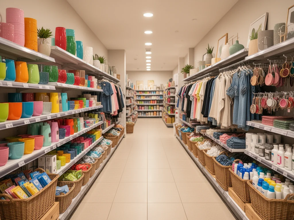Wnętrze sklepu Woolworth z tanimi artykułami do domu, odzieżą i akcesoriami, poukładanymi na jasnych, schludnych regałach.