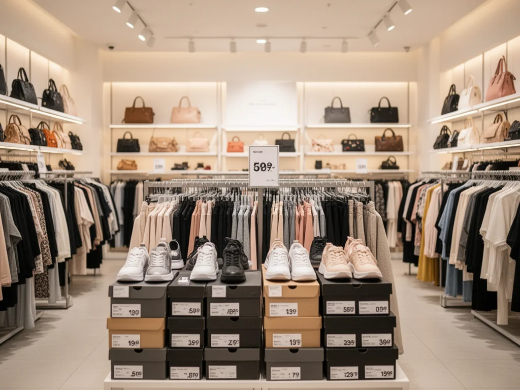 Wnętrze nowoczesnego sklepu HalfPrice z ubraniami, butami i dodatkami, jasno oświetlone i zachęcające do zakupów
