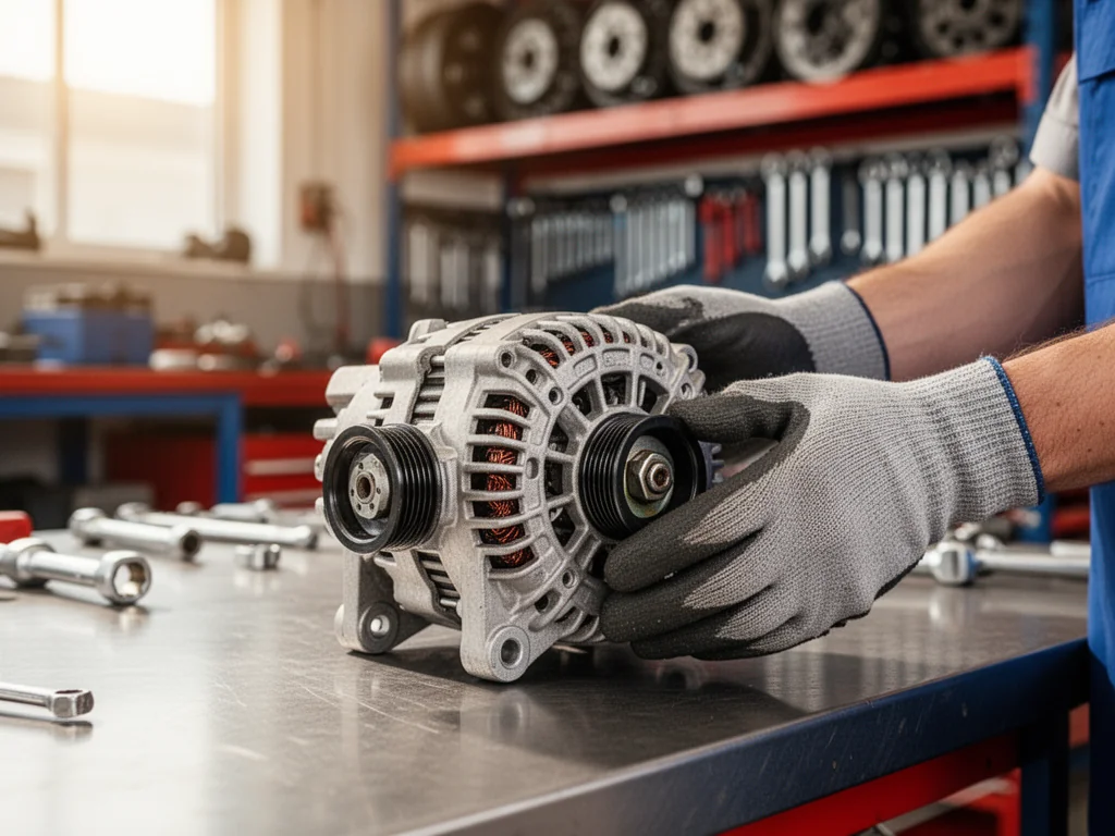 Mechanik w rękawicach sprawdza alternator na stole warsztatowym, ilustrując proces i koszt regeneracji podzespołu.