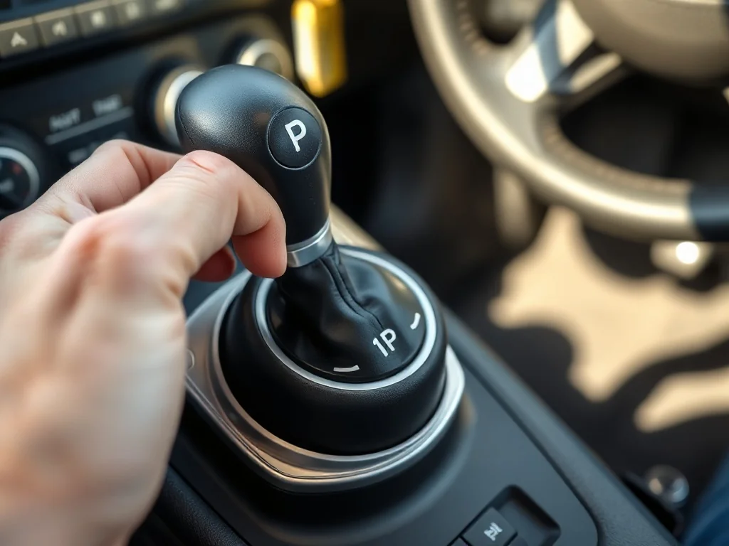 Zbliżenie dźwigni automatycznej skrzyni biegów z zaznaczoną pozycją P w nowoczesnym wnętrzu samochodu.