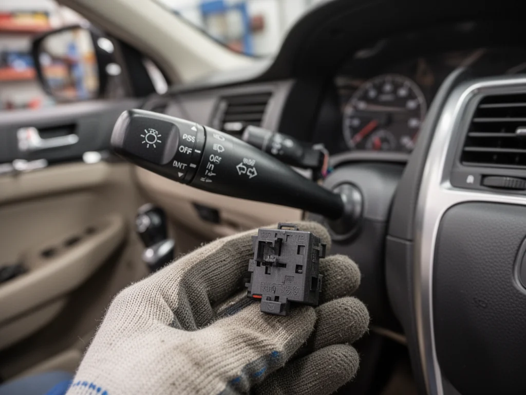 Dźwignia kierunkowskazów i wyjęty przekaźnik w ręku mechanika, ilustrujące diagnozę uszkodzonego układu
