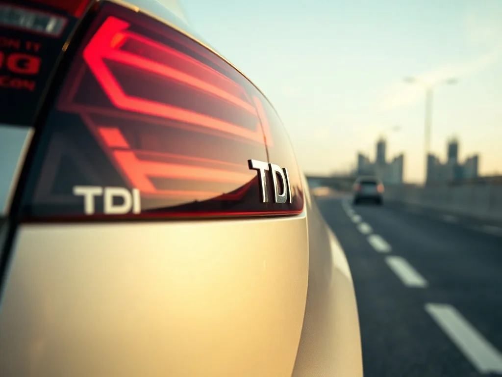Zbliżenie tylnej części nowoczesnego auta z emblematem TDI, podkreślające technologię silnika Diesla w codziennej jeździe.