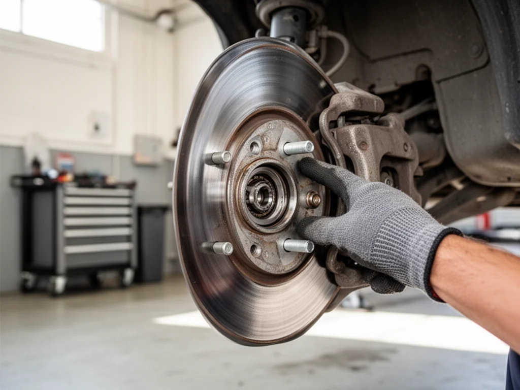 Mechanik w garażu dotyka piasty koła, sprawdzając stan łożyska w przednim kole samochodu
