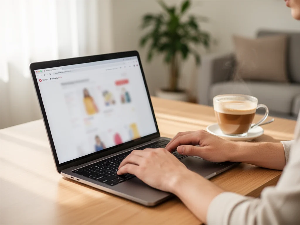 Osoba robi zakupy online na laptopie w jasnym, przytulnym wnętrzu, co podkreśla wygodę i bezpieczeństwo e‑zakupów.