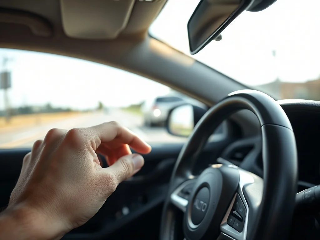 Dłoń sięga do panelu klimatyzacji w aucie, podświetlony przycisk AUTO na pokrętle nawiewu podczas jazdy w słoneczny dzień.