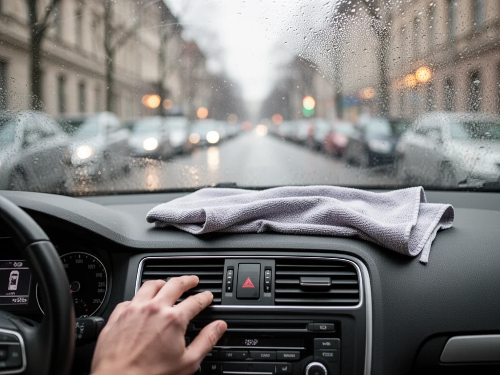 Dłoń kierowcy reguluje nawiew, szyba częściowo odparowana; w tle deszczowa ulica, poprawa widoczności w aucie.