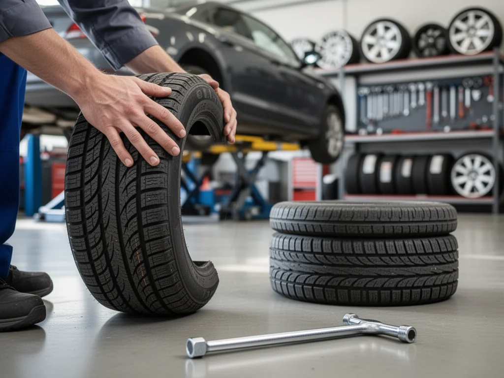 Mechanik trzyma oponę z wyraźnym bieżnikiem w nowoczesnym warsztacie wulkanizacyjnym, w tle auto na podnośniku