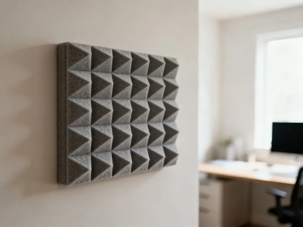Nowoczesny panel akustyczny o geometrycznej fakturze zamontowany na ścianie w jasnym biurze domowym.