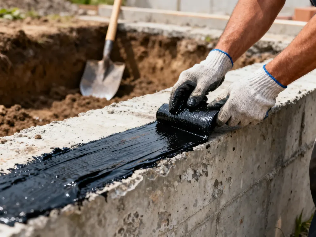 Pracownik budowlany nakłada warstwę czarnej izolacji bitumicznej na betonowy fundament starego domu.