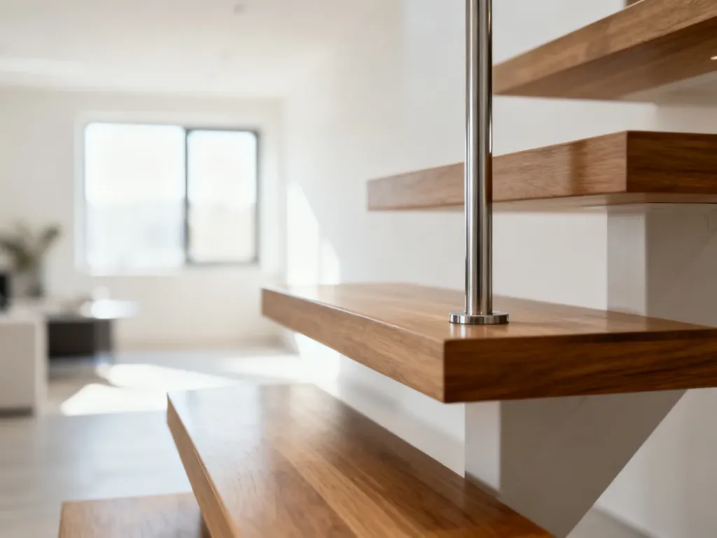 Nowoczesne schody drewniane z metalową balustradą w jasnym, minimalistycznym wnętrzu wypełnionym naturalnym światłem.