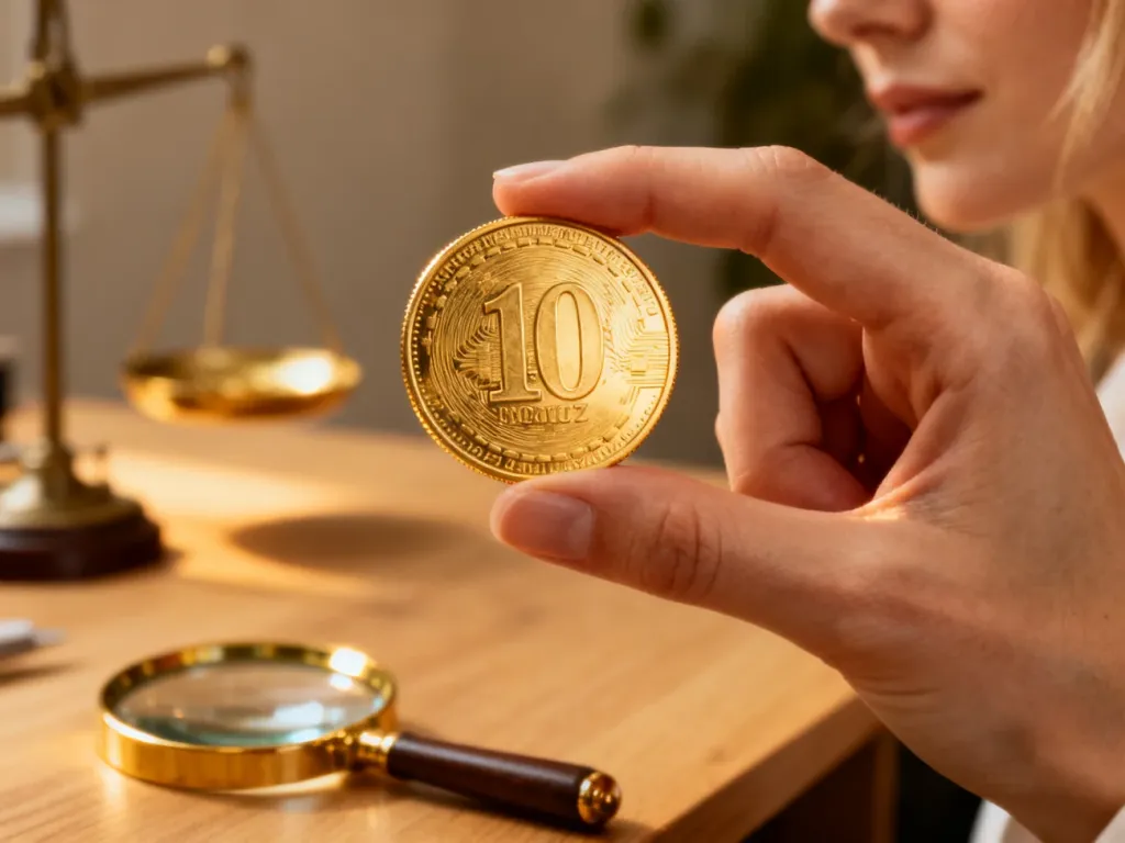 Złota moneta o wadze 1/10 uncji trzymana w dłoni na tle biurka z lupą i wagą jubilerską.