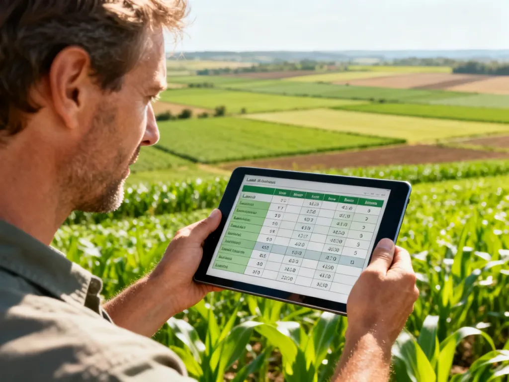 Mężczyzna trzymający tablet z tabelą przeliczeń powierzchni na tle rozległych pól uprawnych.