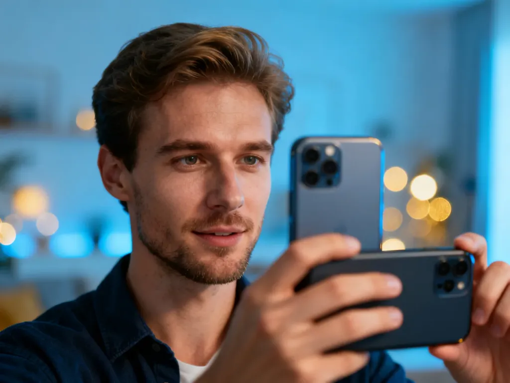 Mężczyzna nagrywający wideo nowoczesnym smartfonem w profesjonalnym domowym studiu.