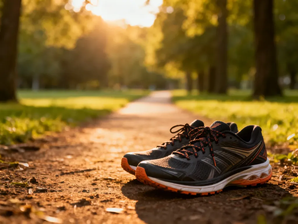 Profesjonalne buty do biegania na leśnej ścieżce, symbolizujące aktywność fizyczną i pokonywanie dystansu.