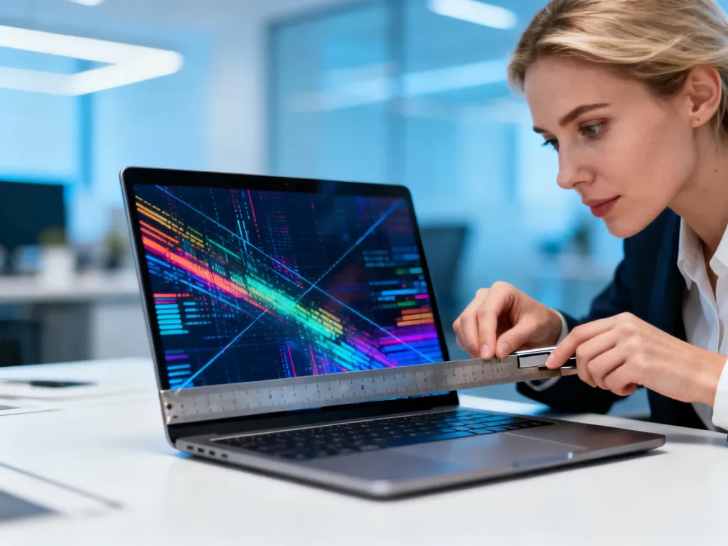 Kobieta mierzy metalową linijką przekątną ekranu nowoczesnego laptopa, obrazując proces przeliczania cali na centymetry.