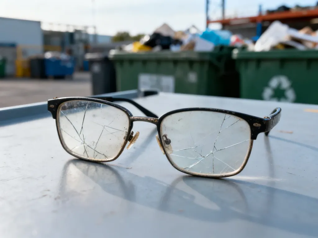 Stare, porysowane okulary leżące na powierzchni kosza do recyklingu, symbolizujące właściwą segregację odpadów.