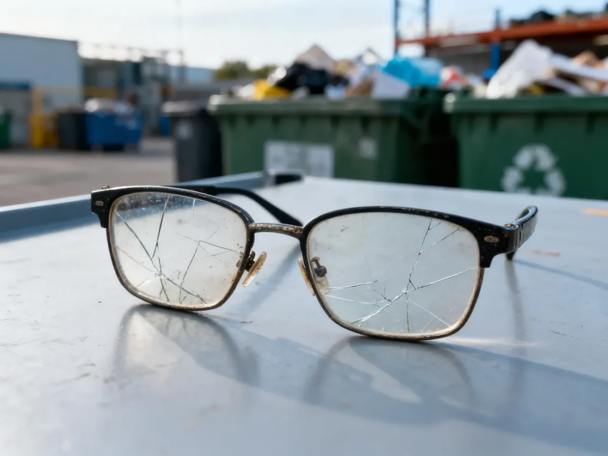 Stare, porysowane okulary leżące na powierzchni kosza do recyklingu, symbolizujące właściwą segregację odpadów.