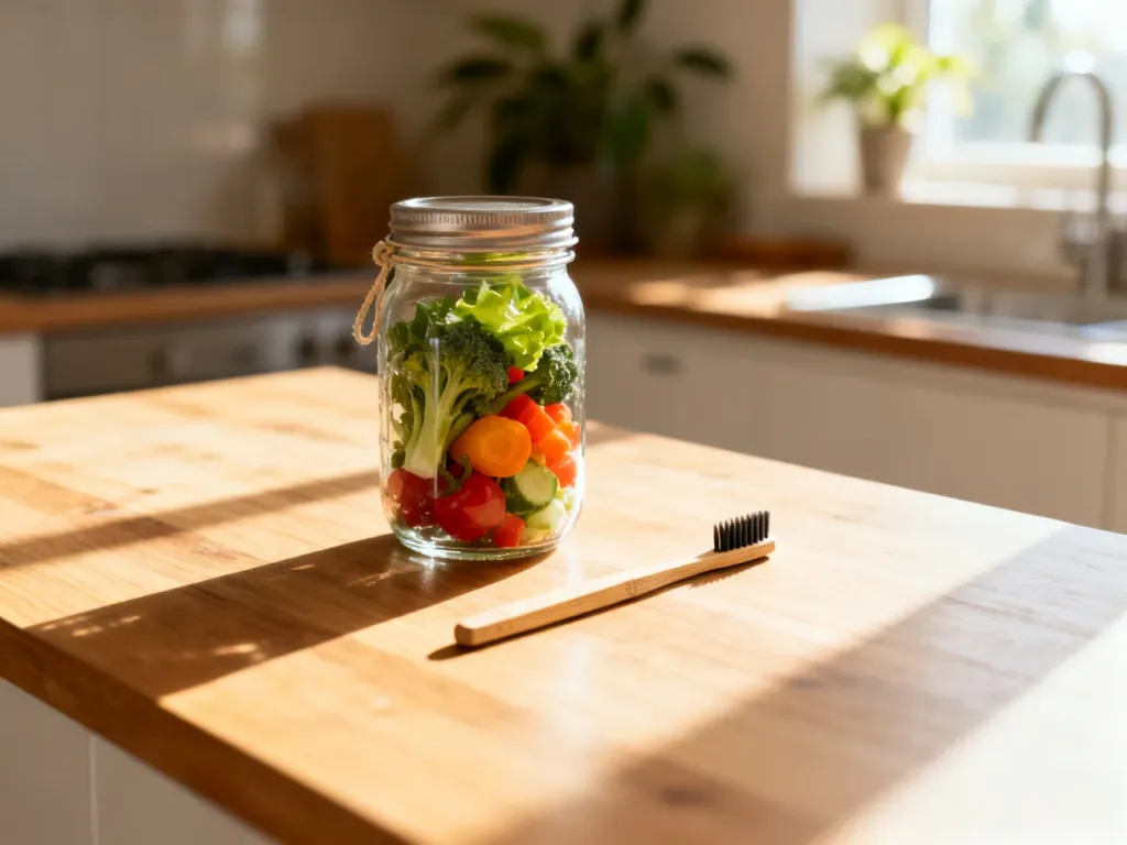 Szklany słoik z warzywami i bambusowa szczoteczka na drewnianym blacie, symbolizujące ekologiczny styl życia zero waste.