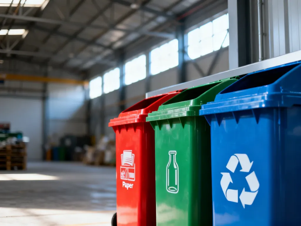 Nowoczesne pojemniki do segregacji odpadów: papieru, szkła i plastiku w jasnym, przemysłowym wnętrzu.
