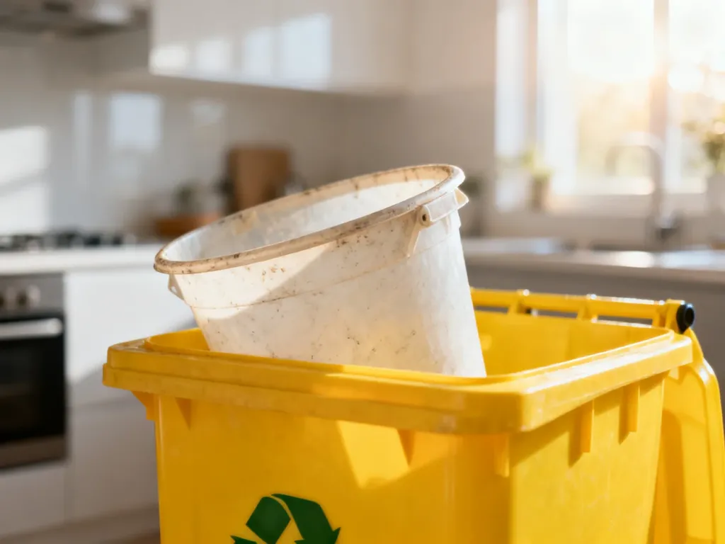 Zużyte plastikowe wiadro umieszczone w żółtym pojemniku na odpady segregowane w nowoczesnej kuchni.