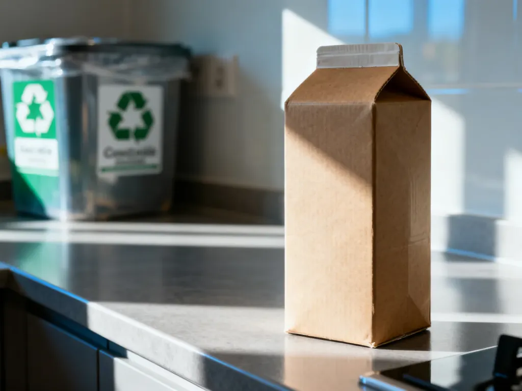 Pusty karton po mleku na kuchennym blacie obok kosza do segregacji odpadów, ilustrujący zasady recyklingu opakowań.
