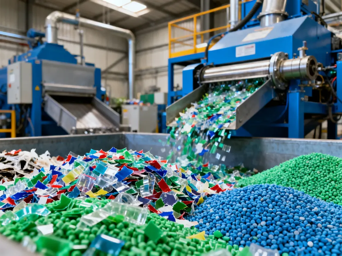 Zakład przetwarzający odpady plastikowe na kolorowe płatki i granulat