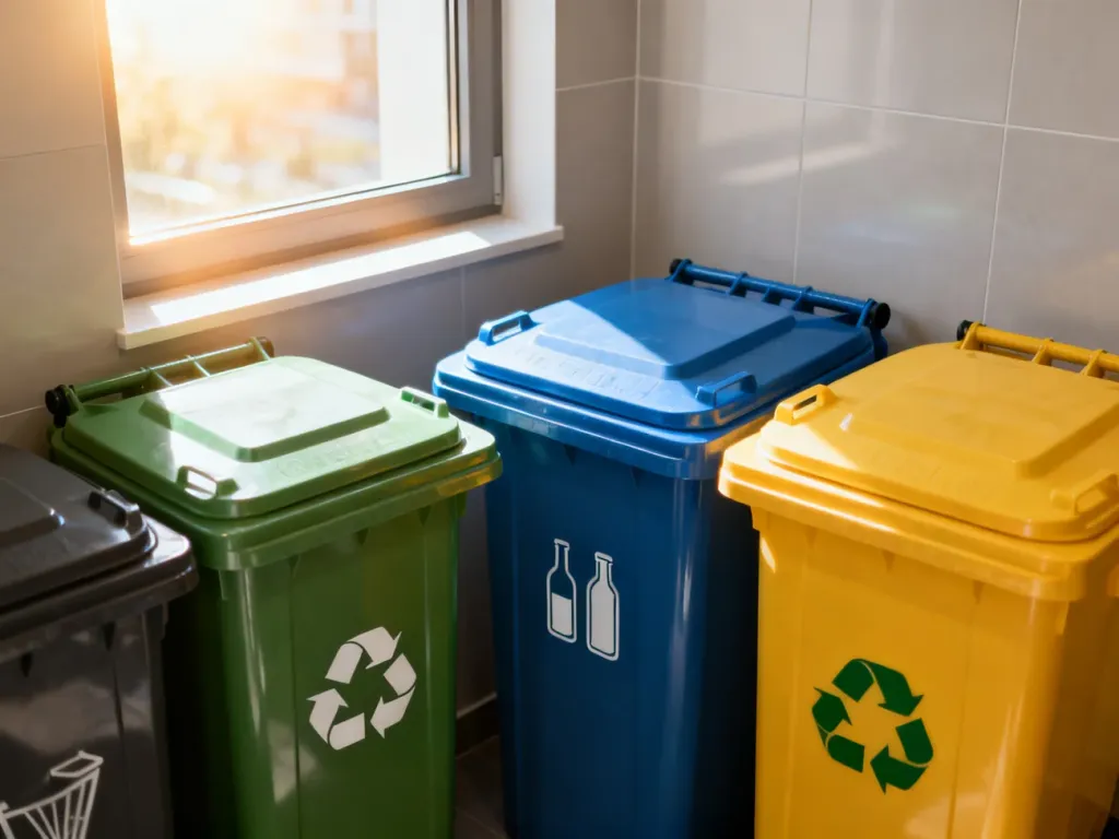 Kolorowe pojemniki do segregacji odpadów z wyraźnymi oznaczeniami w nowoczesnej wiacie śmietnikowej.