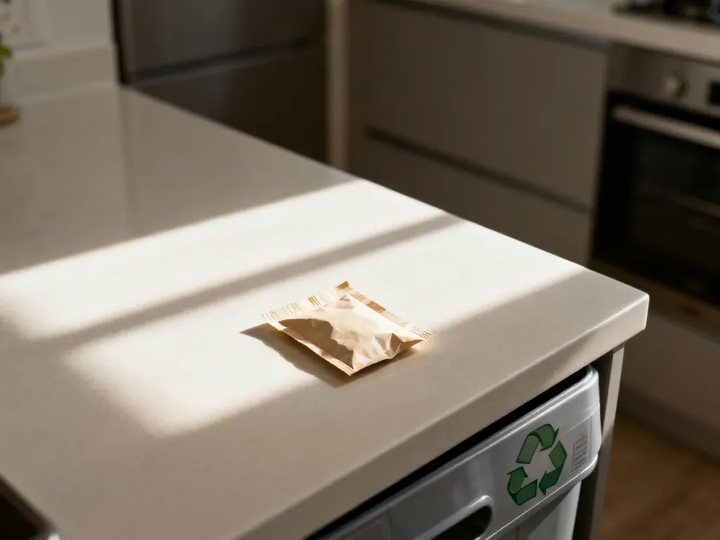 Puste papierowe opakowanie po cukrze waniliowym leżące na blacie kuchennym obok kosza do segregacji odpadów.