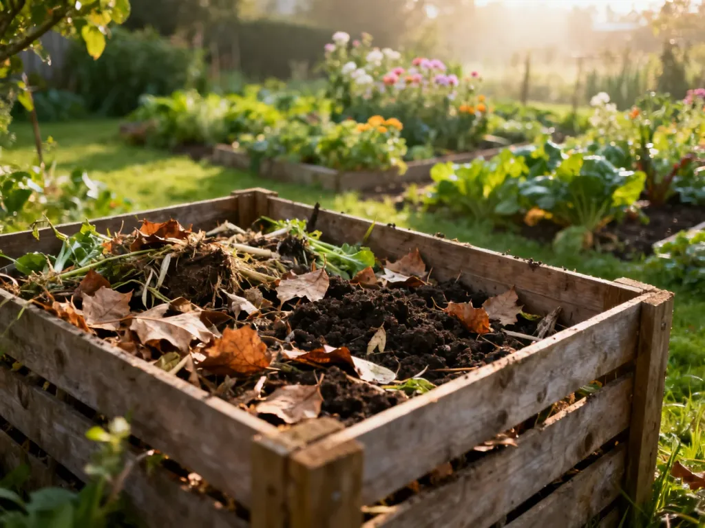 Drewniany kompostownik wypełniony odpadami organicznymi, ziemią i liśćmi w otoczeniu bujnego ogrodu warzywnego.