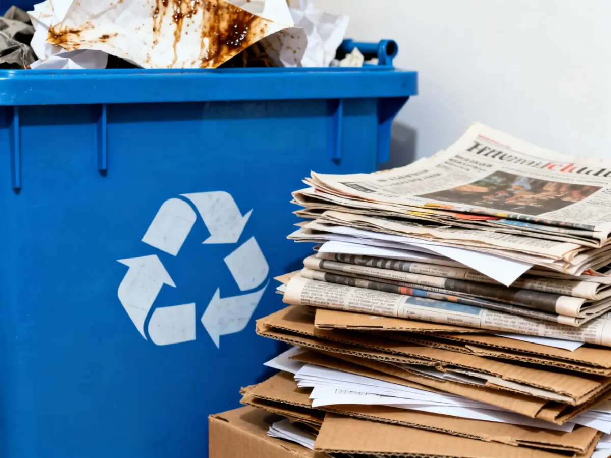 Segregowany papier i kartony obok niebieskiego pojemnika na odpady