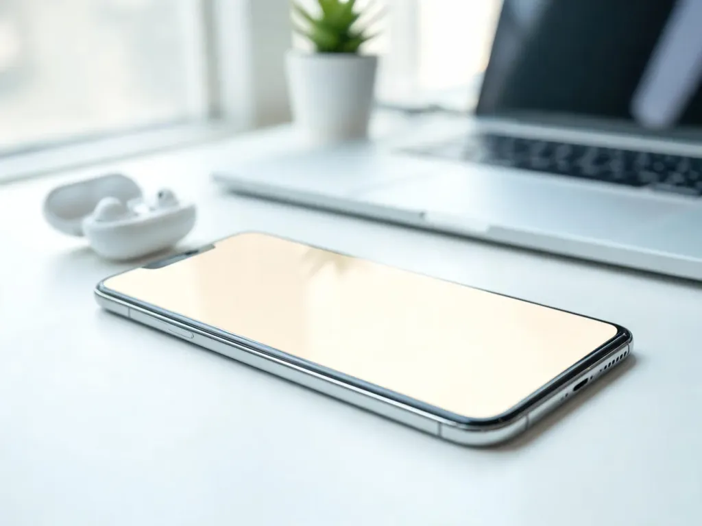 Nowoczesny iPhone 18 na białym biurku, w otoczeniu laptopa i słuchawek, podkreślający futurystyczny, minimalistyczny design.