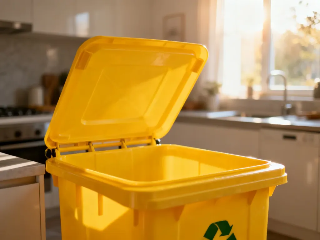Żółty pojemnik na odpady w nowoczesnej kuchni, wskazujący na miejsce segregacji tworzyw sztucznych i metali.