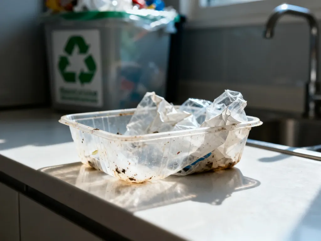 Zgniatany, zabrudzony plastikowy pojemnik na żywność na blacie kuchennym, obok kosza do segregacji odpadów.