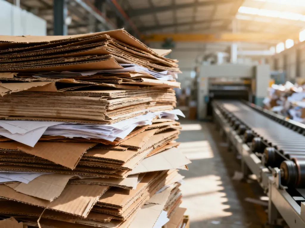 Stos starannie ułożonej makulatury i kartonów na tle nowoczesnej linii produkcyjnej zakładu recyklingu papieru.