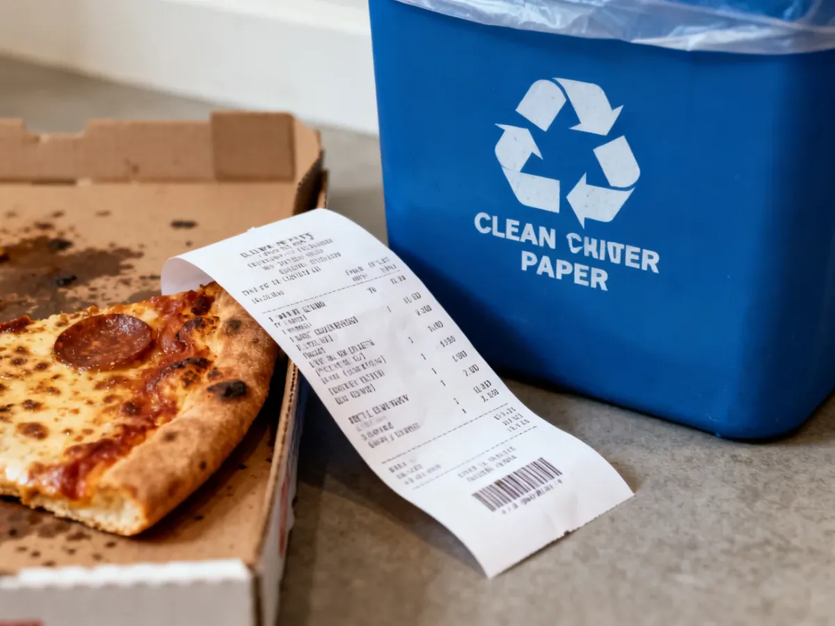 Paragon i zatłuszczone opakowanie po pizzy obok niebieskiego pojemnika na papier