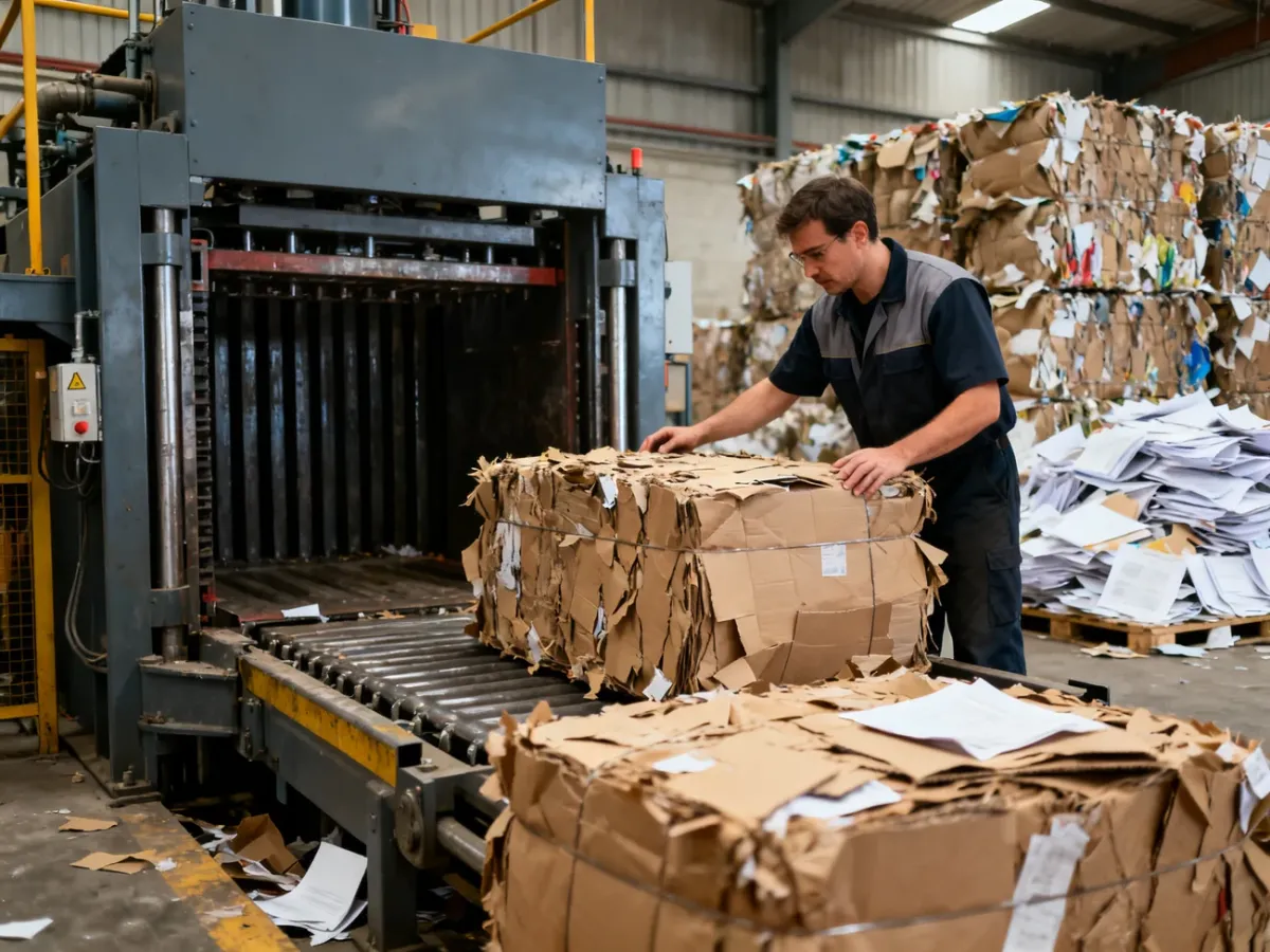 Pracownik sortujący suche kartony i bele makulatury w zakładzie recyklingu