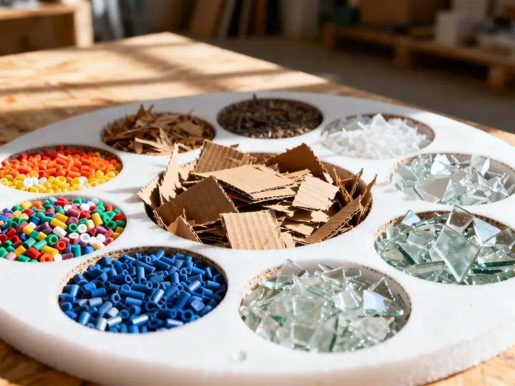 Różnorodne materiały z recyklingu, takie jak plastik, karton i szkło, posegregowane w estetyczne, okrągłe przegródki.