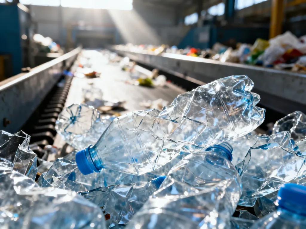 Zgniecione butelki PET w zakładzie recyklingu oświetlone promieniami słońca, podkreślające proces odzysku surowców.