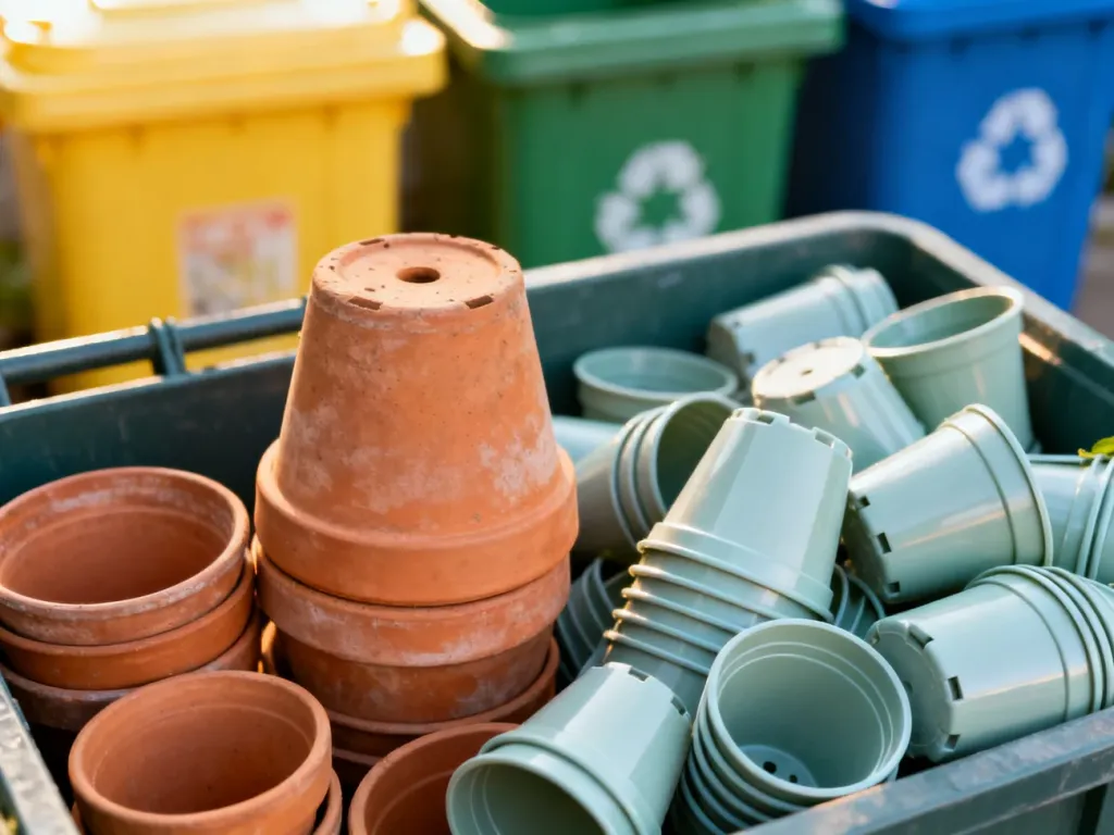 Stos ceramicznych i plastikowych doniczek przygotowanych do segregacji obok kolorowych pojemników na odpady.