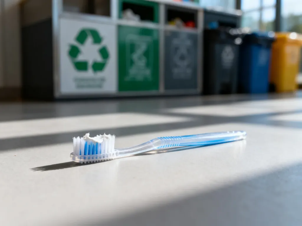 Zużyta plastikowa szczoteczka do zębów na neutralnym tle, symbolizująca dylemat dotyczący jej poprawnej segregacji.