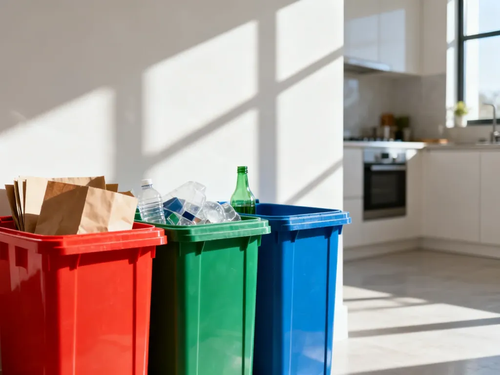 Zorganizowane stanowisko do segregacji odpadów z kolorowymi pojemnikami na papier, plastik i szkło w nowoczesnej kuchni.