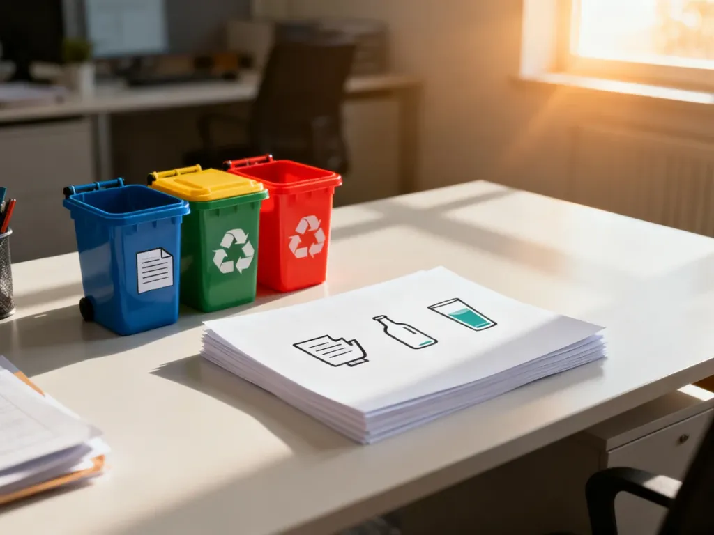 Kolorowe kosze do segregacji odpadów i arkusze z ikonami na biurku, przygotowane do stworzenia instrukcji recyklingu.