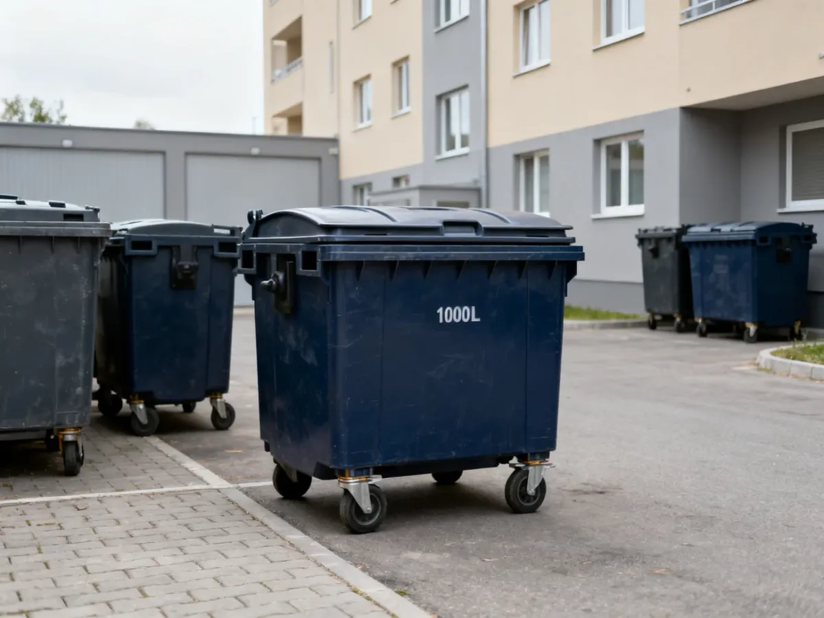 Duże czterokołowe kontenery na odpady przy budynku
