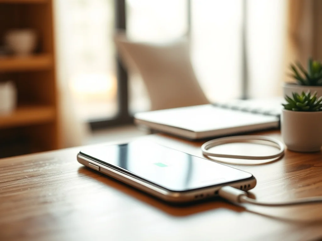 Smartfon z zieloną ikoną baterii na biurku, obok kabel ładowania i roślina, w przytulnym, jasnym wnętrzu.