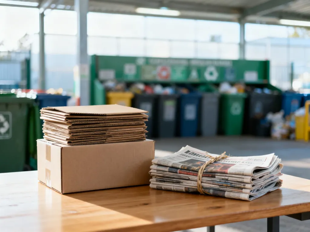 Starannie złożone kartony i związane gazety przygotowane do recyklingu na drewnianym stole.