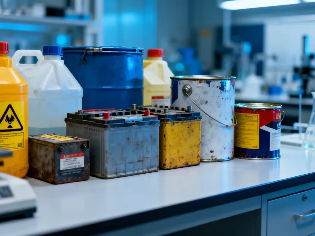 Pojemniki z odpadami niebezpiecznymi, takimi jak chemikalia i zużyte baterie, ustawione na laboratoryjnym stole.