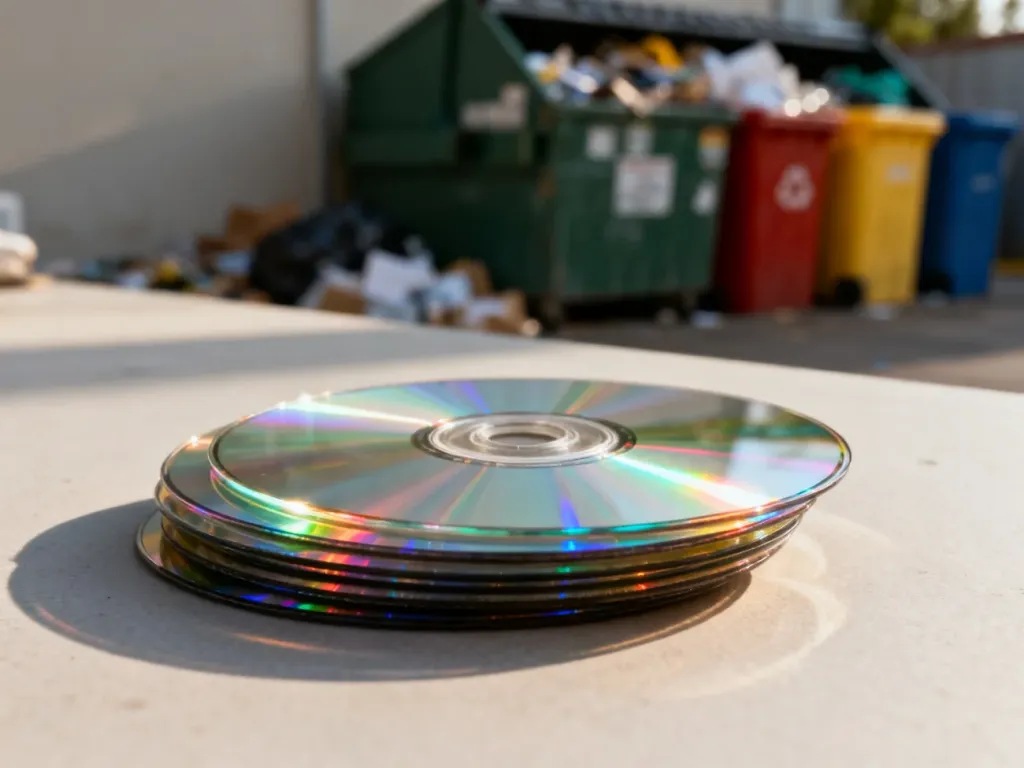 Stos starych płyt CD i DVD obok kolorowych pojemników do segregacji odpadów.